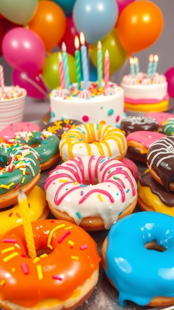 A colorful assortment of birthday donuts with sprinkles and icing on a festive platter.